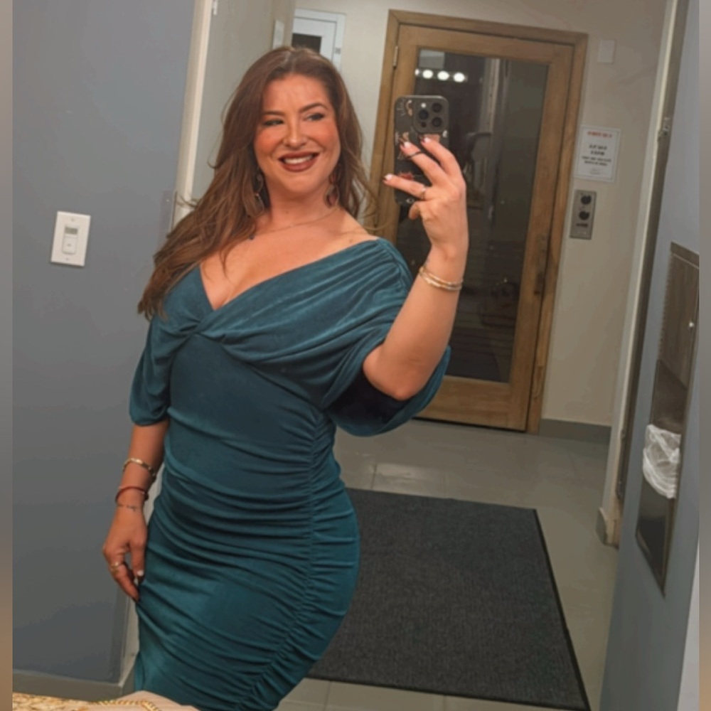 Teal green ruched off the shoulder midi body con dress
